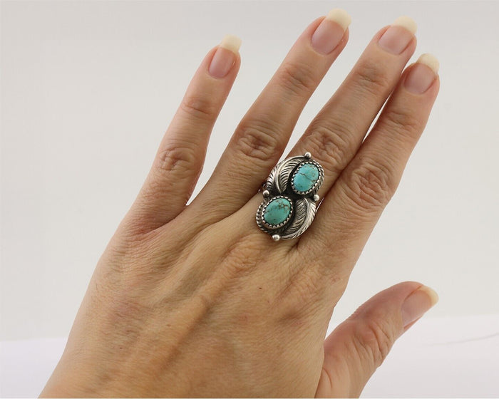 Navajo Ring 925 Silver Natural Blue Turquoise Native Artist Signed M C.80's