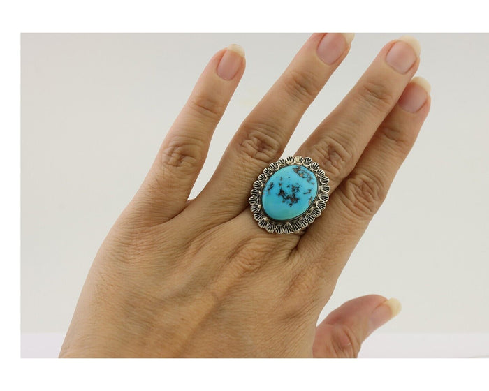 Navajo Ring 925 Silver Natural Blue Turquoise Signed Allison Lee C.80's