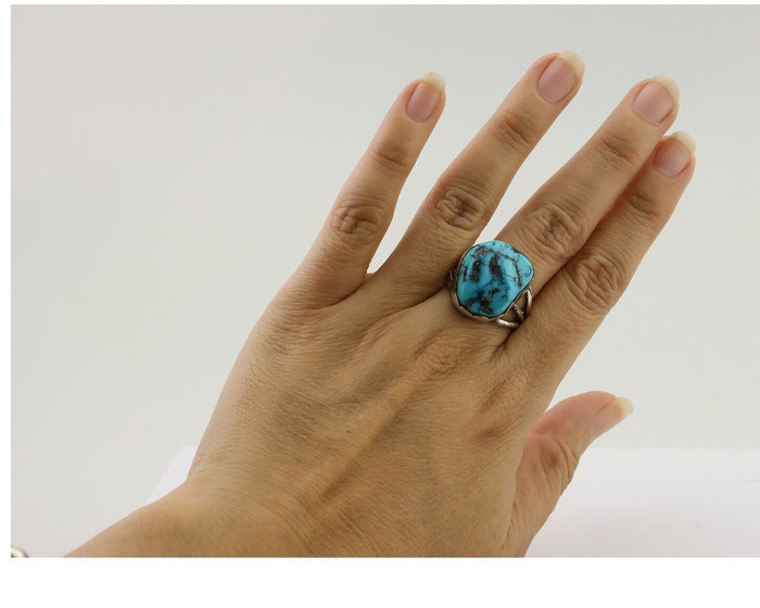 Navajo Ring 925 Silver Natural Blue Turquoise Signed Tony Guerro C.80's