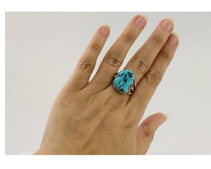 Navajo Ring 925 Silver Natural Blue Turquoise Signed Tony Guerro C.80's
