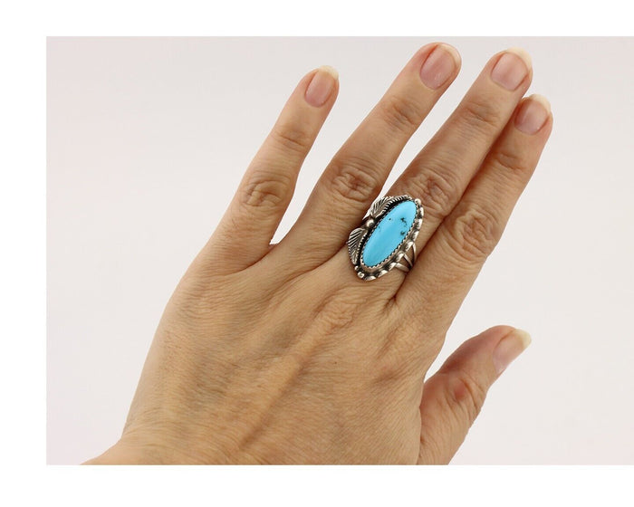 Navajo Ring 925 Silver Sleeping Beauty Turquoise Signed SC C.80's