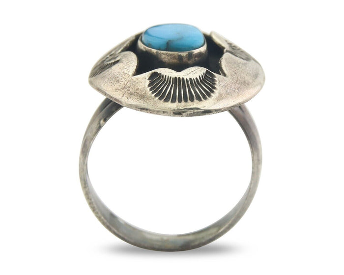 Navajo Ring 925 Sterling Turquoise Handmade Native Artist C.80's Size 8.35