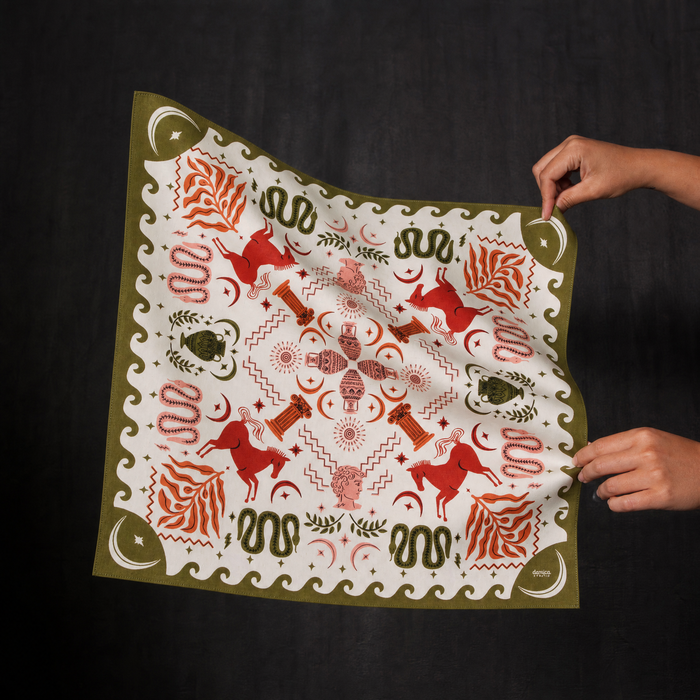 Olympus bandana: red, peach, olive green ancient imagery on ivory, 21" square, recycled cotton blend.