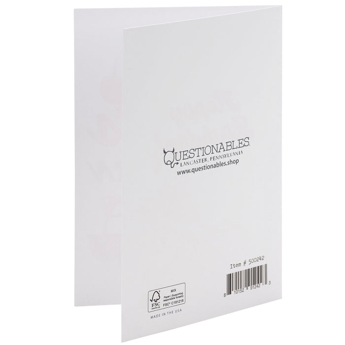 Back view of a greeting card with 'Questionables' branding and product details.