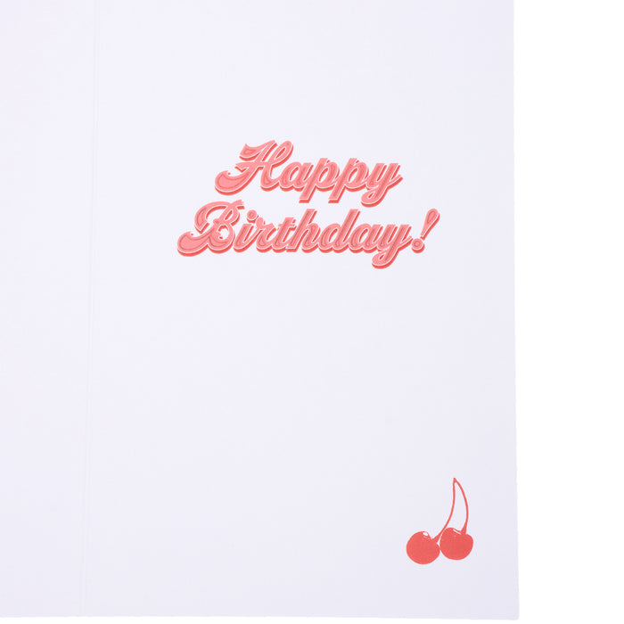 Happy Birthday card with red text and cherries