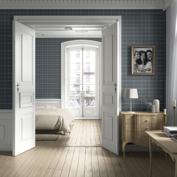 Neutral Geometric Plaid Checkered Living Room Wallpaper (Slate Blue)