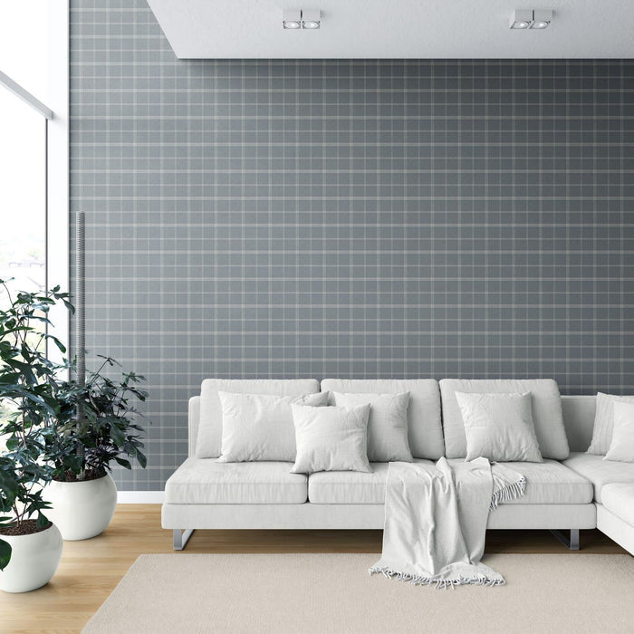 Neutral Geometric Plaid Checkered Shower Toilet Wallpaper (Slate Blue)