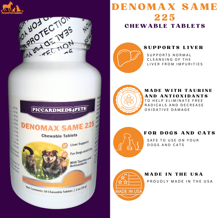 Piccardmeds4pets Denomax SAMe 225mg Dogs & Cats Liver Support 30 Count