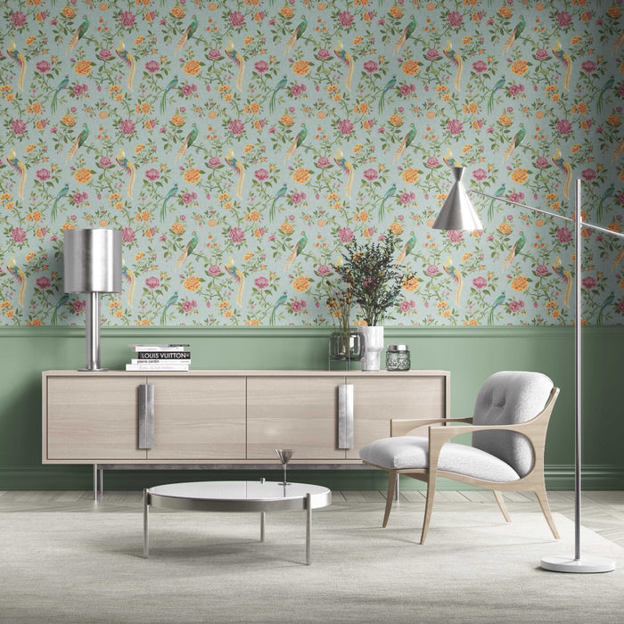 Floral Chinoiserie/ Nature Bird Print Kitchen Wallpaper (Blue/ Pink/ Green/ Yellow/ Orange)