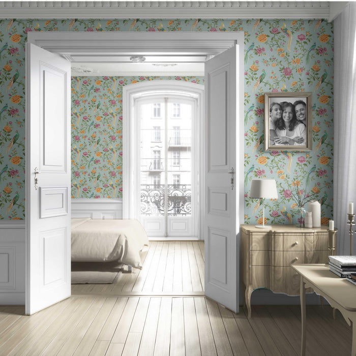 Floral Chinoiserie/ Nature Bird Print Living Room Wallpaper (Blue/ Pink/ Green/ Yellow/ Orange)