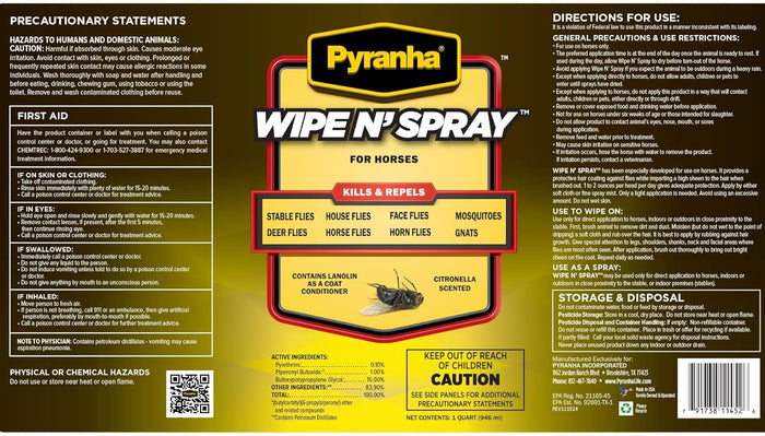 Pyranha Wipe N Spray Fly Repellent for Horses 32 oz. Long-Lasting Insect Control