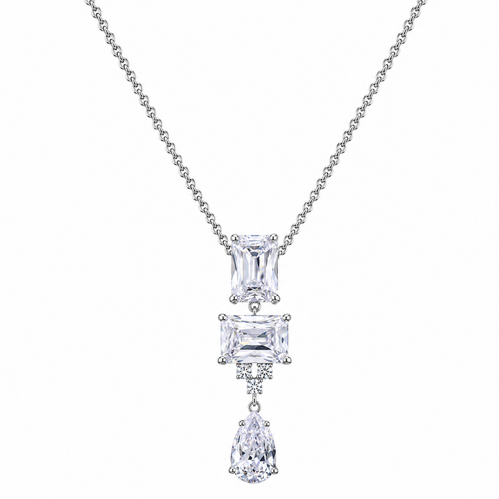 Rhodium Plated 925 Silver Multi Shape CZ Dangle Bridal Pendant Necklace - BGP00924