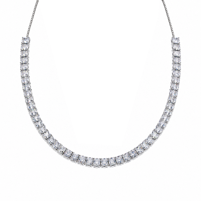 Rhodium Plated 925 Sterling Silver Adjustable CZ Bridal Tennis Necklace - BGP01255