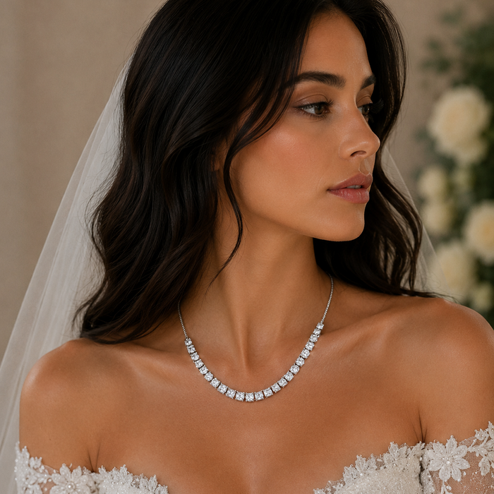 Rhodium Plated 925 Sterling Silver Adjustable CZ Bridal Tennis Necklace - BGP01255