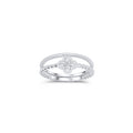Rhodium Plated 925 Sterling Silver Beaded Clover Plain Rounded Band Clear CZ Ring Set - JTR00003