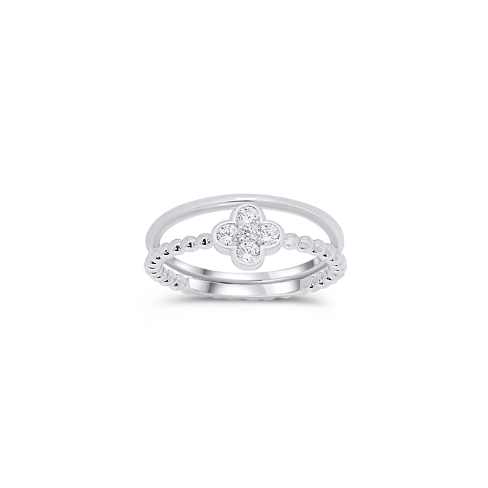 Rhodium Plated 925 Sterling Silver Beaded Clover Plain Rounded Band Clear CZ Ring Set - JTR00003