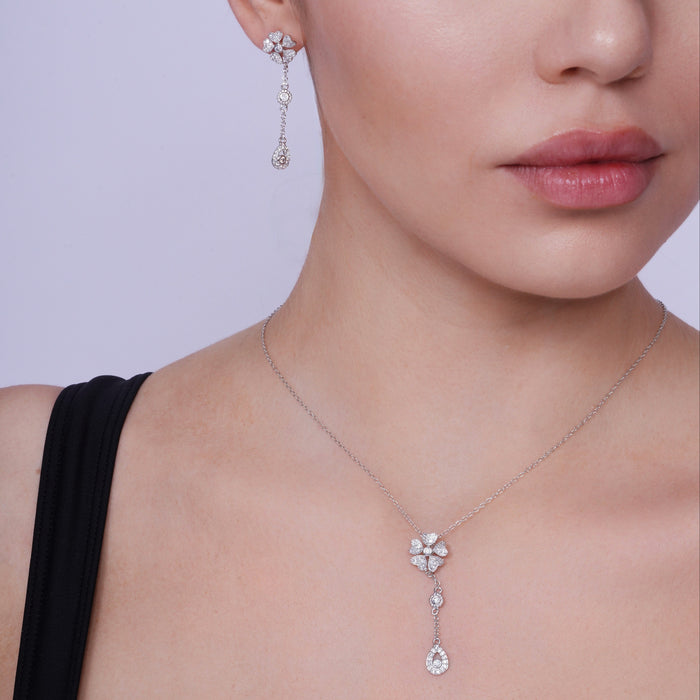 Rhodium Plated 925 Sterling Silver Clear Teardrop Flower CZ Dangling Set - BGS00231 | Silver Palace Inc.