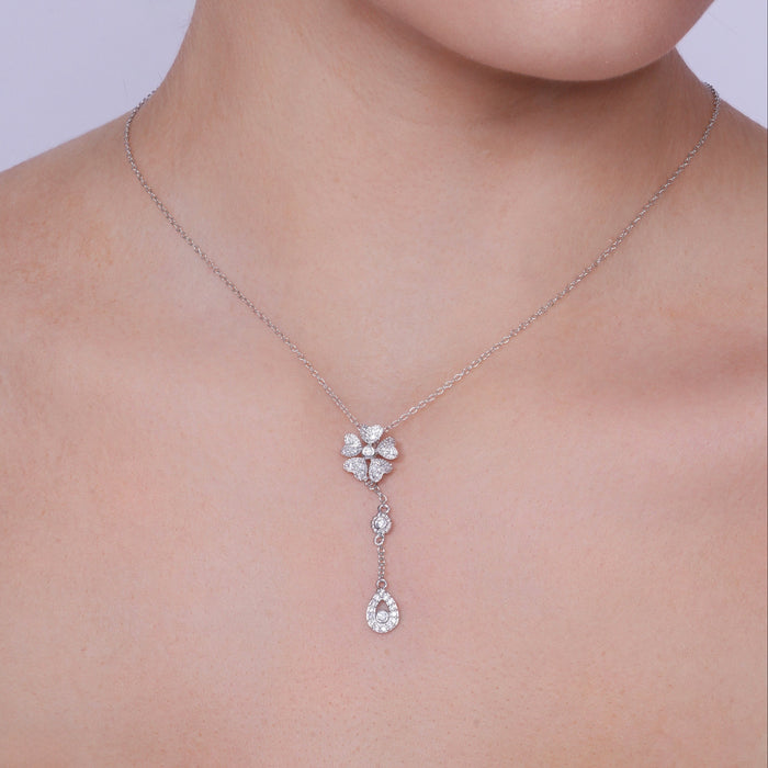Rhodium Plated 925 Sterling Silver Clear Teardrop Flower CZ Dangling Set - BGS00231 | Silver Palace Inc.
