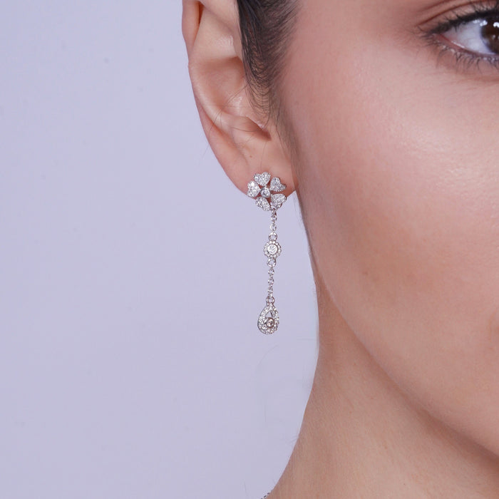 Rhodium Plated 925 Sterling Silver Clear Teardrop Flower CZ Dangling Set - BGS00231 | Silver Palace Inc.