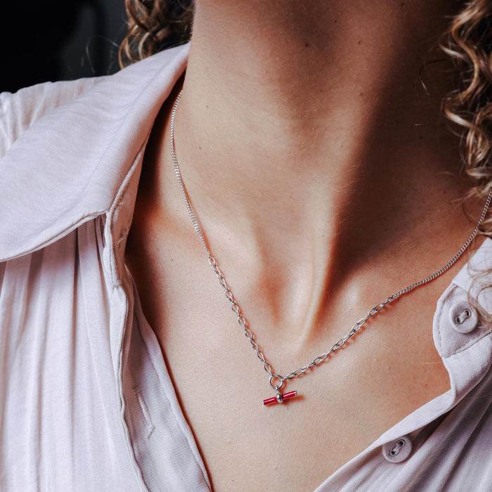 Rhodium Plated 925 Sterling Silver Curb Rolo Adjustable Enamel Red Bar Necklace - ITN00168-RH