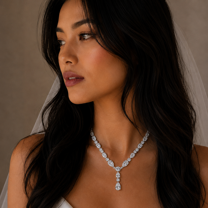 Rhodium Plated 925 Sterling Silver CZ Chunky Tear Drop Bridal Necklace - STP01850