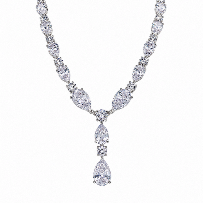 Rhodium Plated 925 Sterling Silver CZ Chunky Tear Drop Bridal Necklace - STP01850