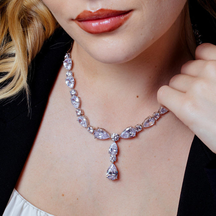 Rhodium Plated 925 Sterling Silver CZ Chunky Tear Drop Bridal Necklace - STP01850