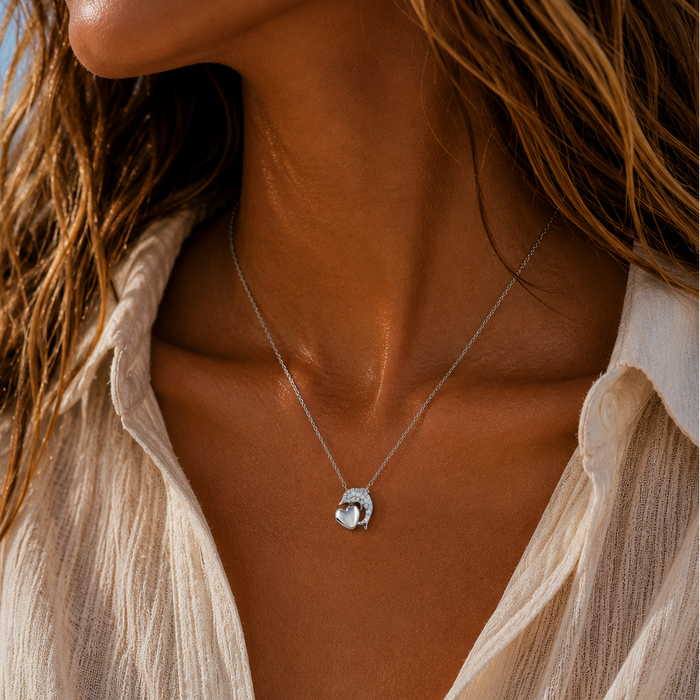 Rhodium Plated 925 Sterling Silver CZ Dolphin Necklace With Heart - STP01778