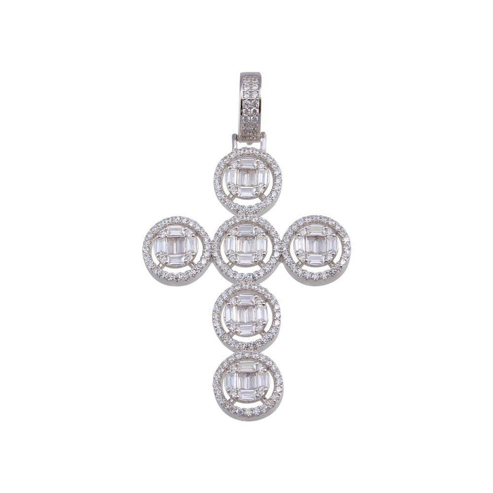 Rhodium Plated 925 Sterling Silver CZ Round Cross Hip Hop Pendant - SLP00157 | Silver Palace Inc.