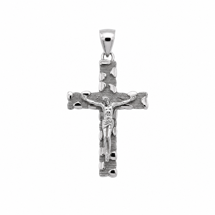 Rhodium Plated 925 Sterling Silver Diamond Cut Jesus Crucifix Nugget Cross Pendant - TGP00008