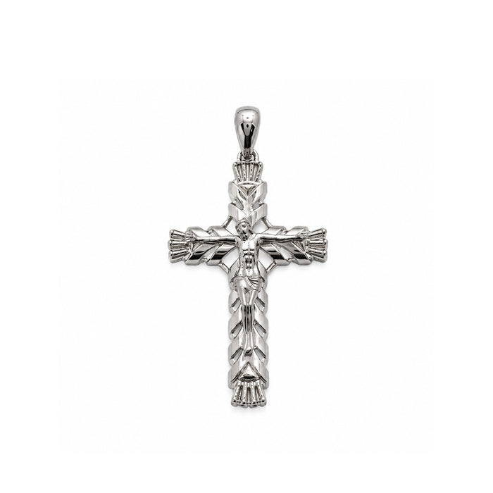 Rhodium Plated 925 Sterling Silver Diamond Cut Ornate Faceted Cross Pendant - TGP00006 | TGP00007