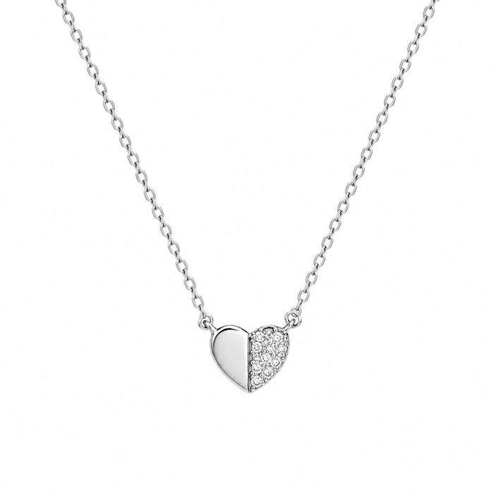 Rhodium Plated 925 Sterling Silver Moissanite Half Pave Heart Pendant Adjustable Necklace - MTGN00016