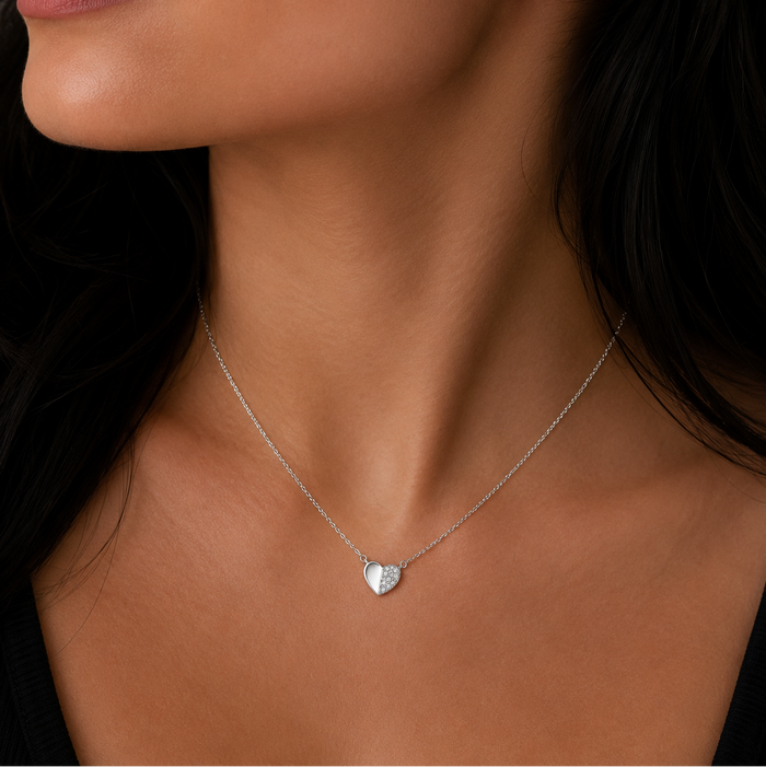 Rhodium Plated 925 Sterling Silver Moissanite Half Pave Heart Pendant Adjustable Necklace - MTGN00016