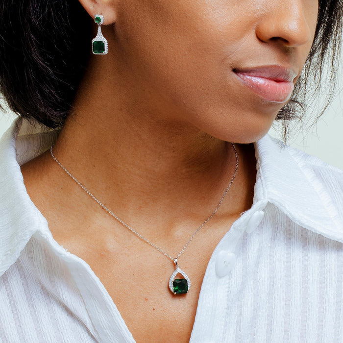 Rhodium Plated 925 Sterling Silver Teardrop Pendant Square Earring Green CZ Set - BGS00608 | Silver Palace Inc.