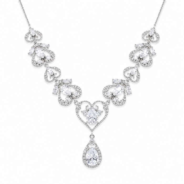Rhodium Plated 925 Sterling Silver Victorian Hearts Teardrop Clear CZ Bridal Necklace - STP01841