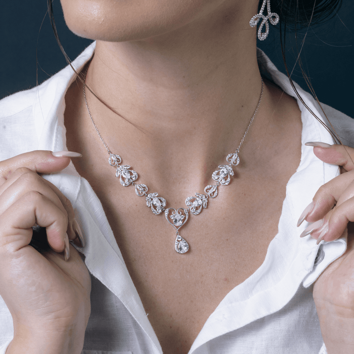 Rhodium Plated 925 Sterling Silver Victorian Hearts Teardrop Clear CZ Bridal Necklace - STP01841