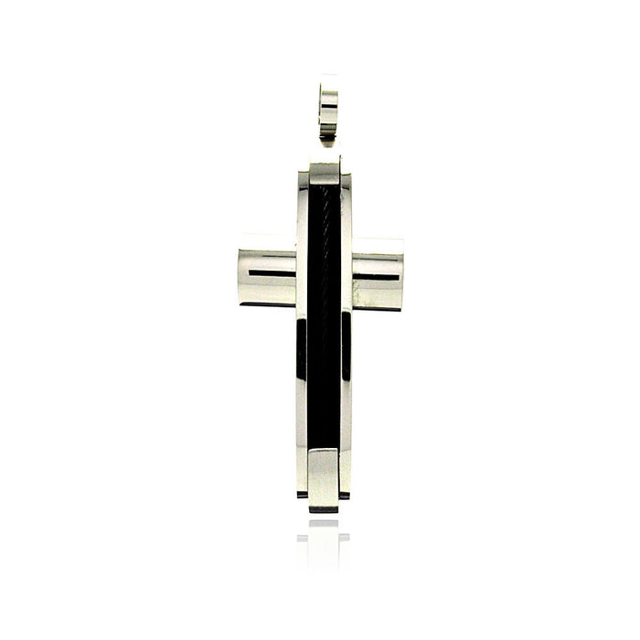 Rhodium Plated Stainless Steel Black Cable Cross Pendant - SSP00210
