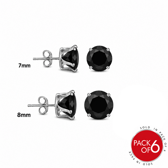 Rhodium Plated Stainless Steel Round Black CZ Stud Earrings - SSE00117