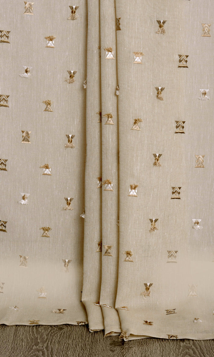 Embroidered Semi-Sheer Pinch Pleat, Rod Pocket, Eyelet Curtains (Beige/ Brown)