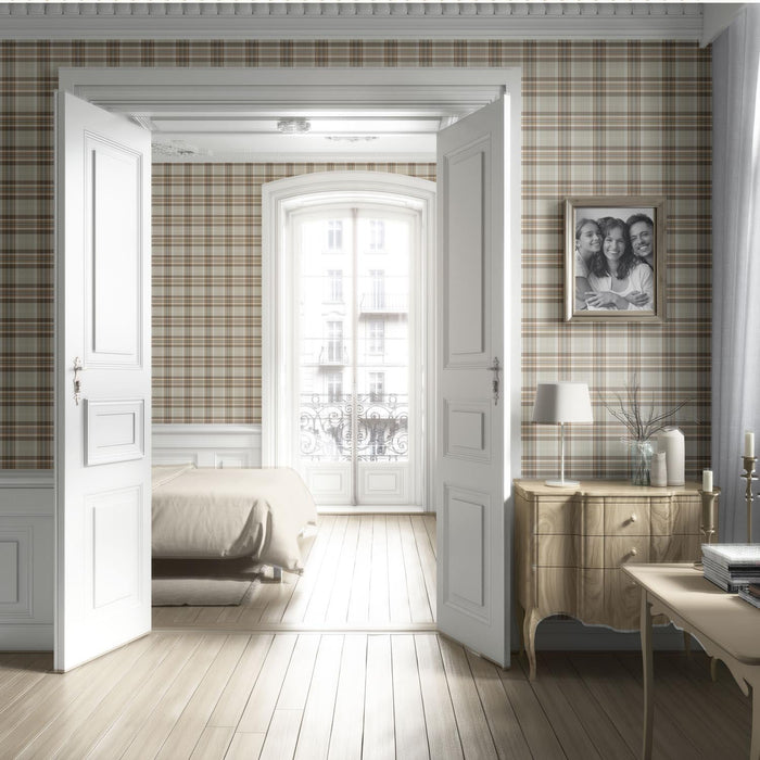 Neutral Geometric Plaid Checkered Living Room Wallpaper (Greige/ Brown/ Cream/ Warm Gray)