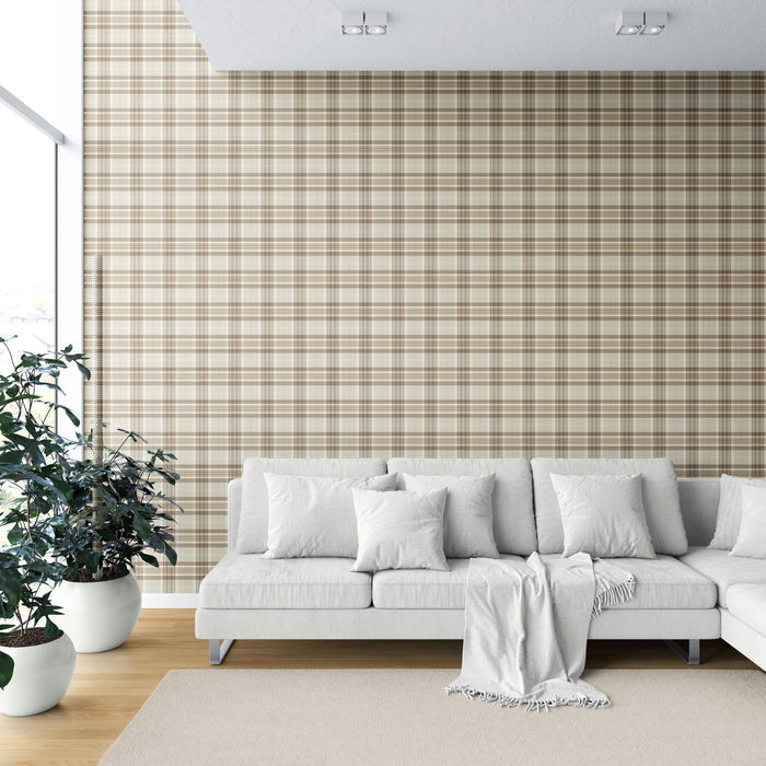 Neutral Geometric Plaid Checkered Shower Toilet Wallpaper (Greige/ Brown/ Cream/ Warm Gray)