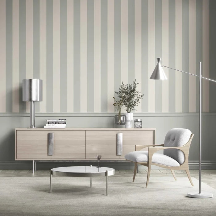 Neutral Geometric Striped Kitchen Wallpaper (Sage Grey/ Cream)
