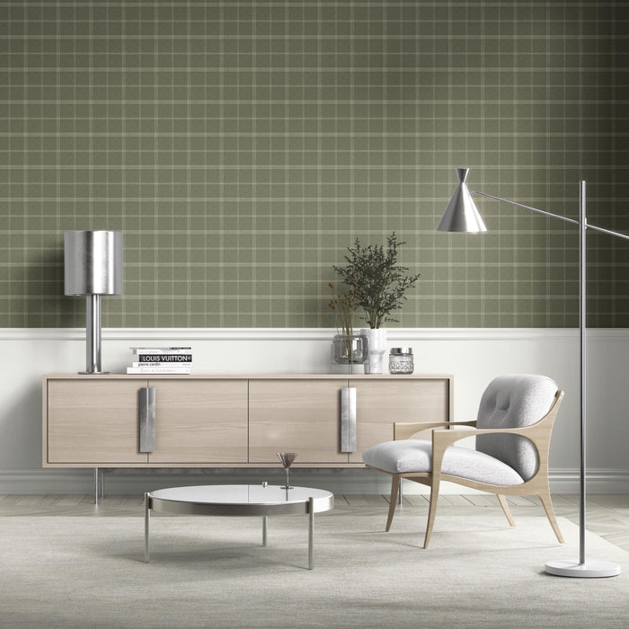 Geometric Plaid Checkered Kitchen Wallpaper (Olive Green)