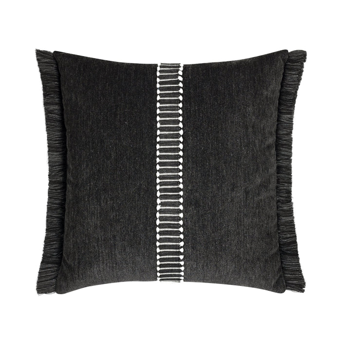 Black velour pillow with black and white center band in square size for earthy indoor and outdoor decor