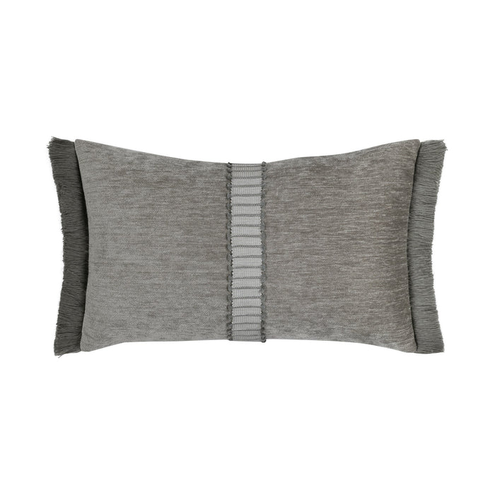 Gray velour pillow with gray and white center band in lumbar size for coastal indoor and outdoor decor