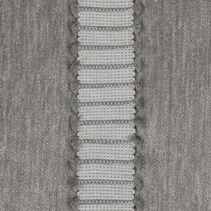 Detail image of Gray velour pillow with gray and white center band in lumbar size for coastal indoor and outdoor decor