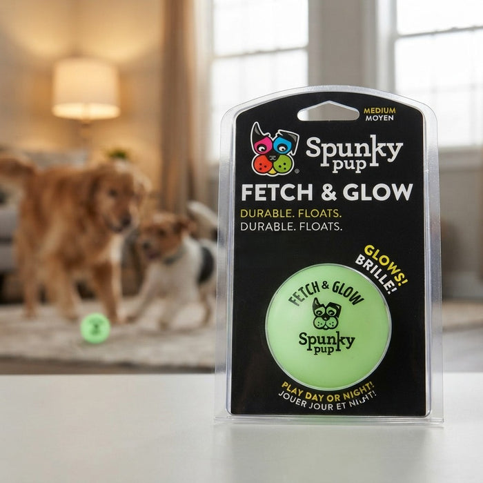 Spunky Pup Fetch & Glow Ball Dog Glow in the Dark Toy for Medium Dogs