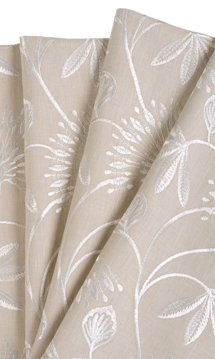 Floral Embroidery Pinch Pleat, Rod Pocket, Eyelet Curtains (Beige/ White)