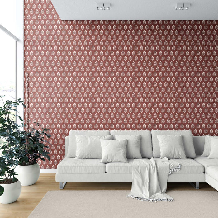 Vintage-Inspired Botanical Floral Block Print Shower Toilet Wallpaper (Brick Red/ White)