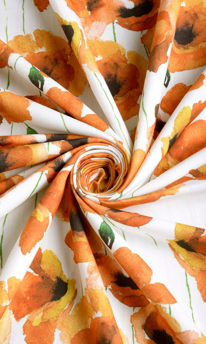 Floral Print Fabric By the Metre for Curtains & Drapes (Orange/ Yellow)